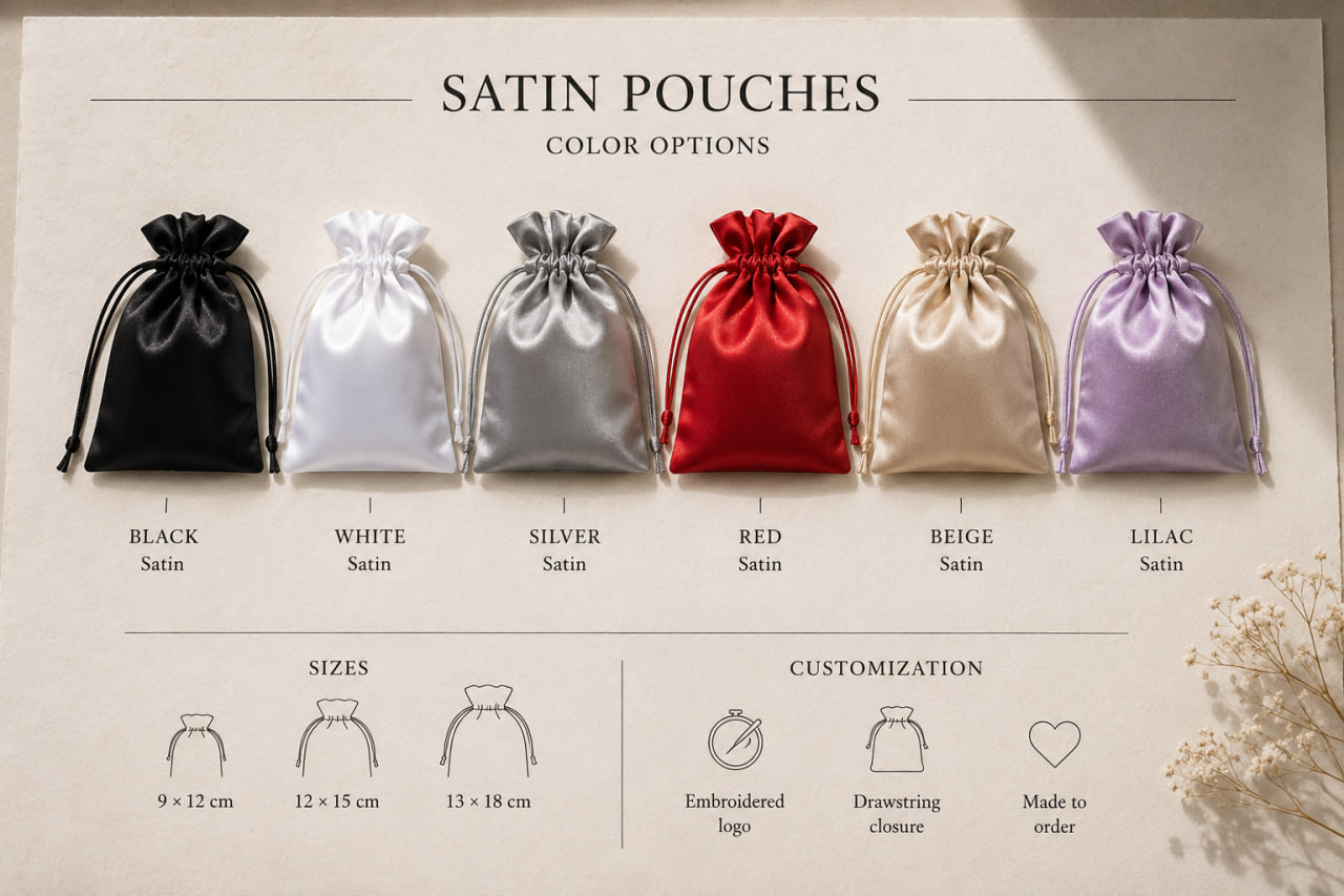 Satin pouch colors and available sizes