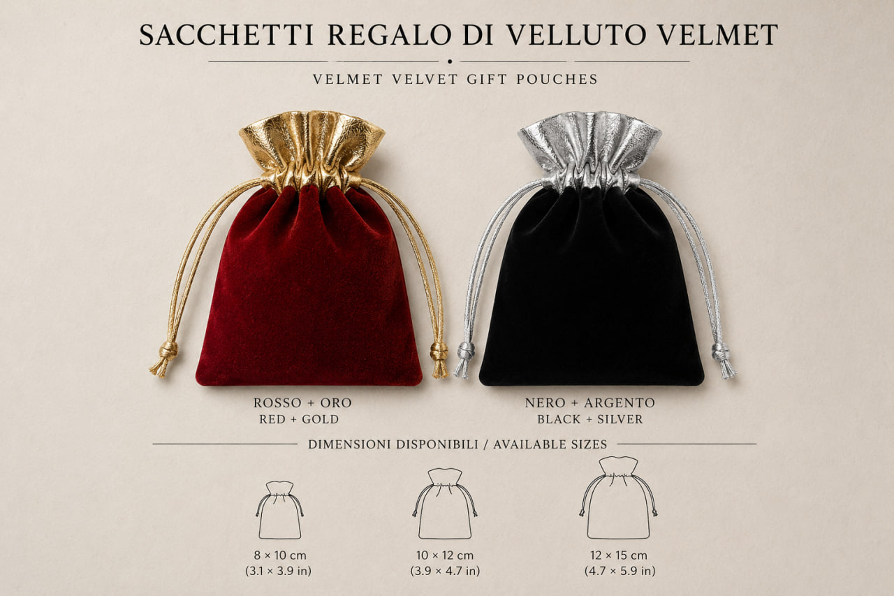 Two-tone velvet pouches with metallic top colors and sizes