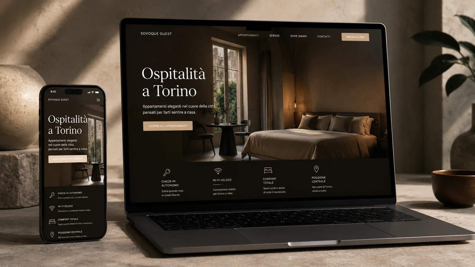 Illustrative hospitality website composition on a laptop and phone